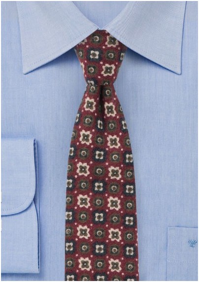 Burgundy Flannel Tie with Retro Print