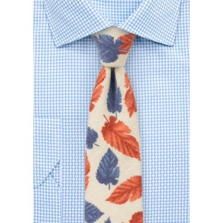Cream, Red, and Blue Leaf Print Tie