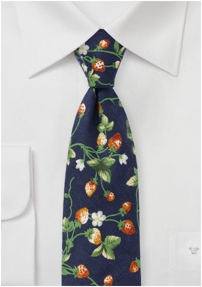 Navy Cotton Tie with Strawberry Pattern