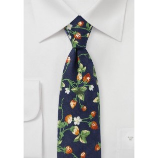 Navy Cotton Tie with Strawberry Pattern