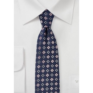 Checkered Flora Tie in Navy and Pink