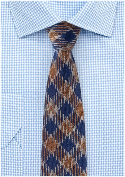 Vintage Plaid Wool Tie in Brown and Navy