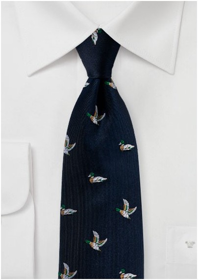 Midnight Blue Silk Tie with Embroidered Mallard Ducks