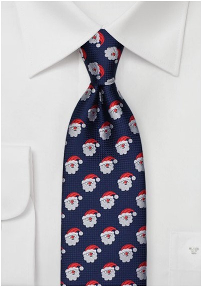 Dark Navy Tie with Embroidered Santas