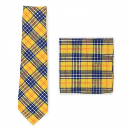 amber and navy tartan plaid tie and pocket square set