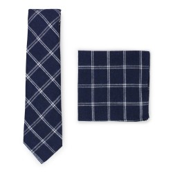 navy plaid tie with matching pocket square