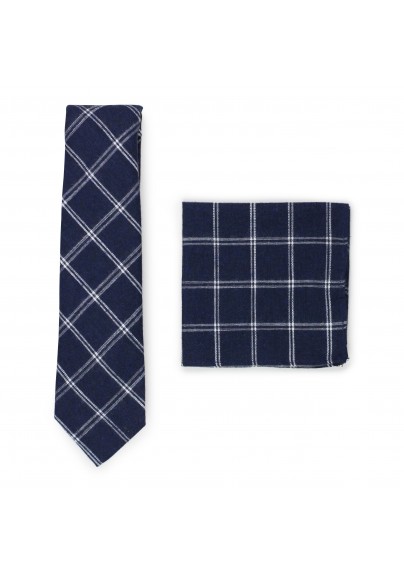 navy plaid tie with matching pocket square