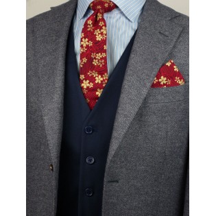Japanese cotton print skinny tie in red and gold flowers