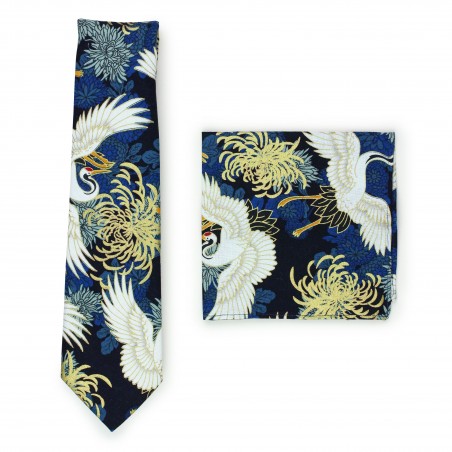 vintage Japanese designer tie set in blues and golds in printed cotton
