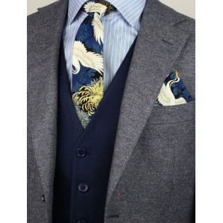 trendy Japanese vintage skinny tie in blue and metallic gold