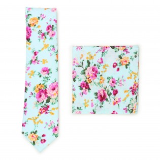 aqua and pink floral skinny cotton tie set