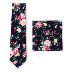 black and pink rose print cotton tie set