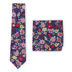 floral tie in cotton with matching colorful pocket square