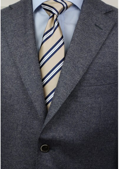 Extra Long Striped Necktie in Beige and Blue - Mens-Ties.com