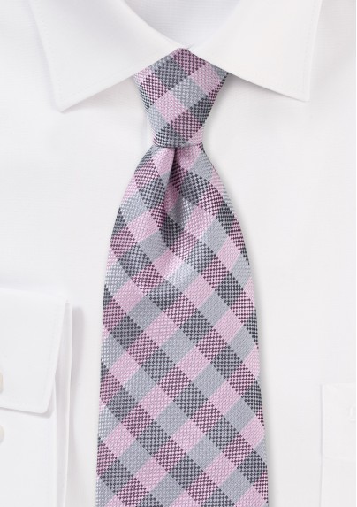 Textured Plaid Tie in Pinks and Silver