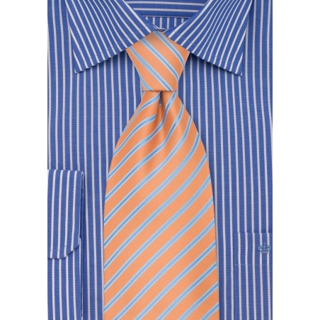 Pink-Orange XL Length Tie with Blue Stripes
