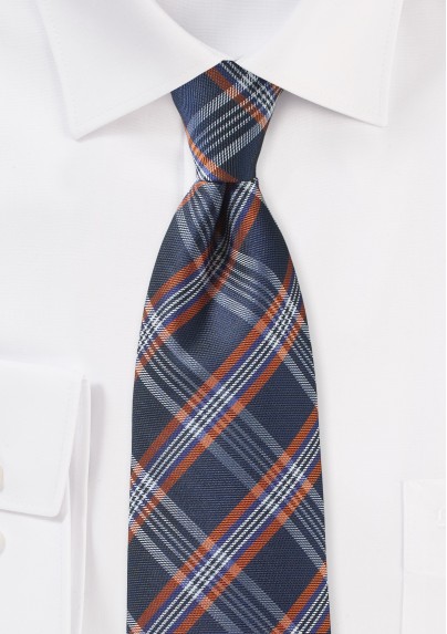 Navy, Orange, and Silver Tartan Tie