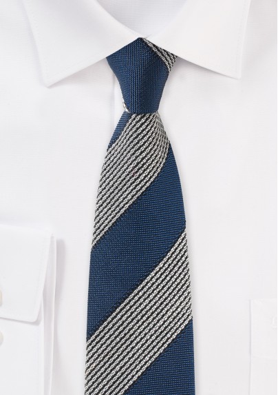 Navy Retro Striped Skinny Tie knit woven textured vintage striped mens tie