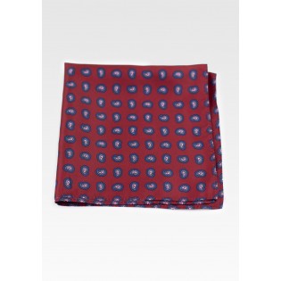 Maroon Red Pocket Square with Paisley Print in Pink and Blue