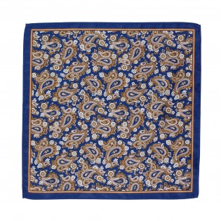 Suit Pocket Square in Dark Blue with Antique Gold Paisley Design