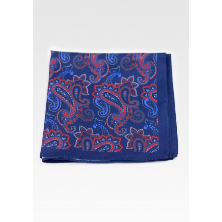 Dress Pocket Square in Blue with Red Paisley