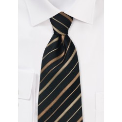 Extra long striped tie - XL Black silk tie with bronze and copper stripes
