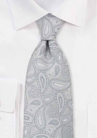 Silver Gray Paisley Necktie in XL