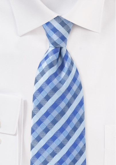 Tonal Blue Check Tie in XL Length