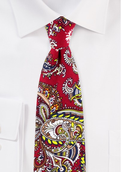 Red and Gold Paisley Print Cotton Tie in Slim Width