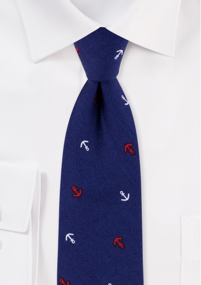 Navy Nautical Themed Tie with Red and White Anchor Print