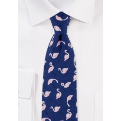 Flamingo Print Cotton Summer Navy Tie in Slim Width