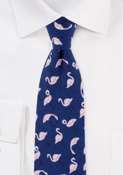 Flamingo Print Cotton Summer Navy Tie in Slim Width
