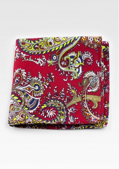 Cotton Pocket Square with Cherry and Gold Paisley Print