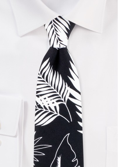 Tropical Palm Leaf Print Tie in Black and White