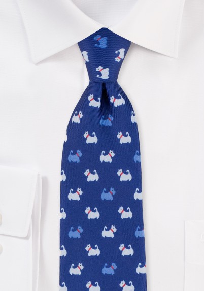 Royal Blue Mens Tie with Dog Terrier Print