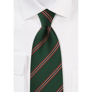 XL Regimental Striped tie in Dark Green, Red, Gold, and Blue