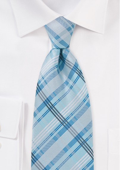 Sky Blue Checkered Tie in XL Length