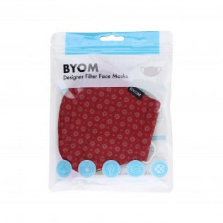 Cherry red fabric face mask with filter flat in bag