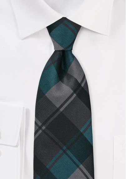 Large Plaid Tie in Charcoal and Teal