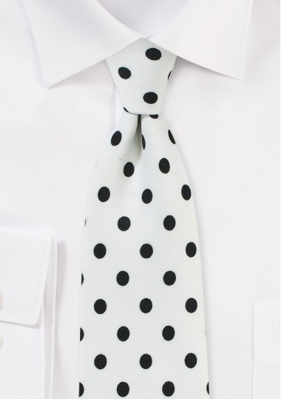 White Designer Tie with Navy Polka Dots