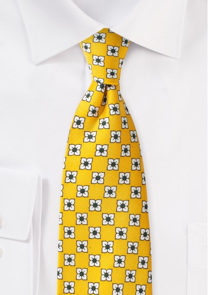 Flower Print Silk Tie in Bright Yellow