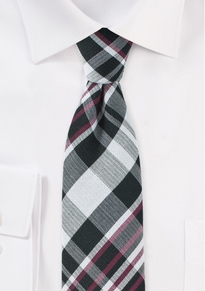 Cotton Plaid Tie in Black, Silver, Red