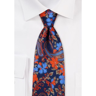 Floral Tie in Navy Blue and Oranges