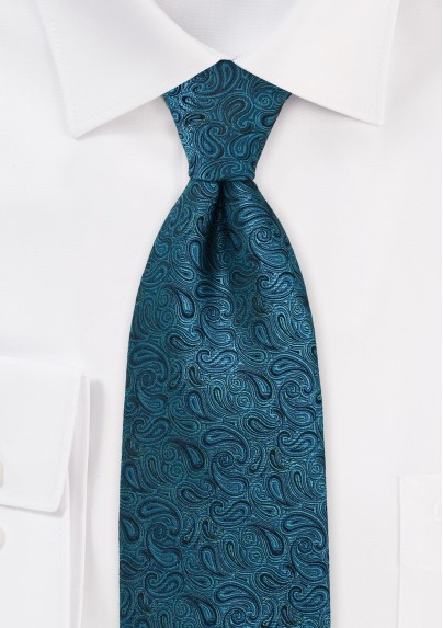 XL Length Paisley Tie in Teal and Black
