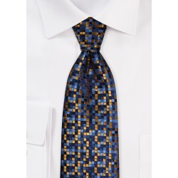 Patchwork Check Tie in Blue and Gold