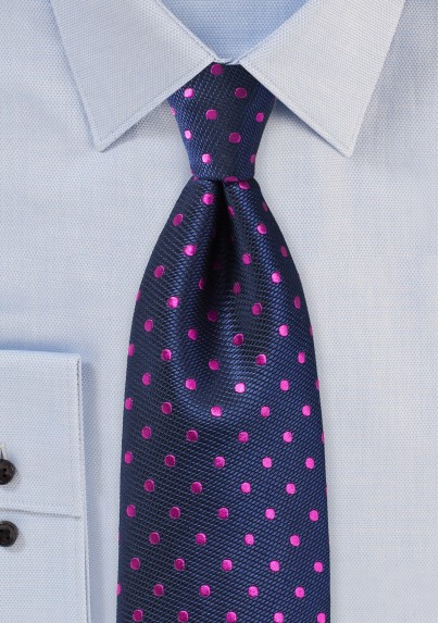 Navy Silk Tie with Magenta Polka Dots