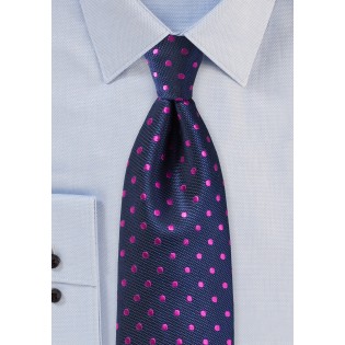 Navy Silk Tie with Magenta Polka Dots