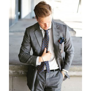 Vintage Print Tie in Navy and Orange Styled with Gray Suit